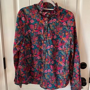 J. Crew Button up floral blouse with ruffle collar and sleeve women’s size L